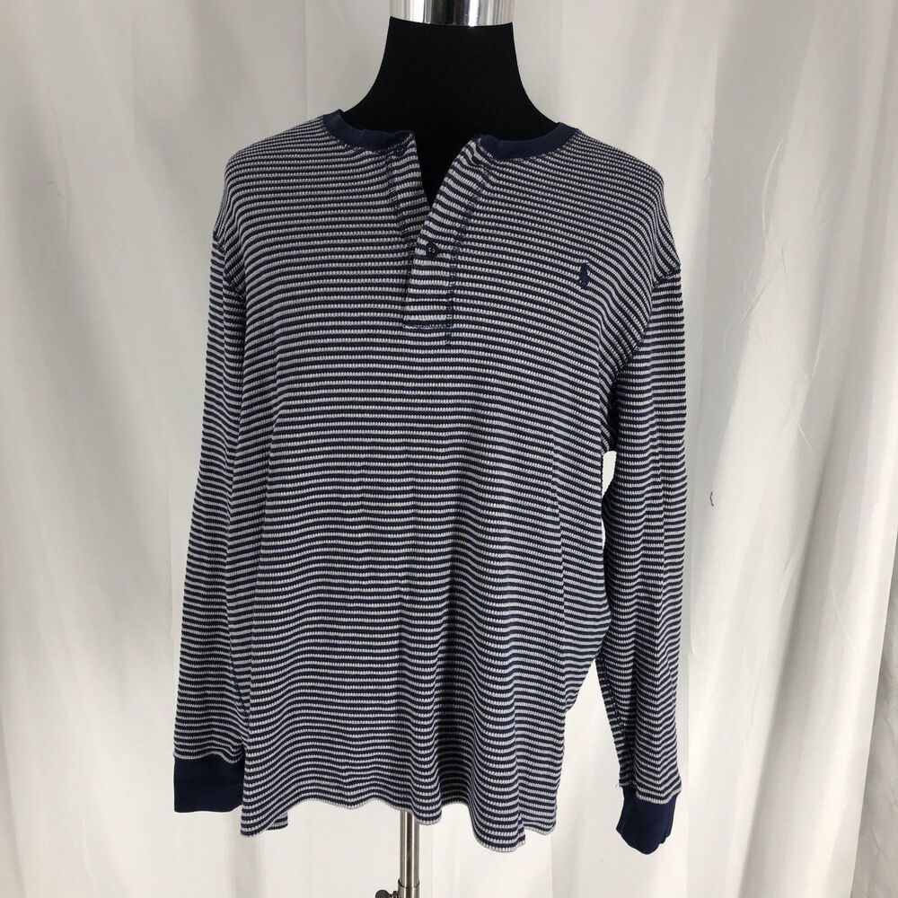 Polo Ralph Lauren Men’s XXL  Blue Striped Waffle Knit Thermal Long Sleeve Shirt